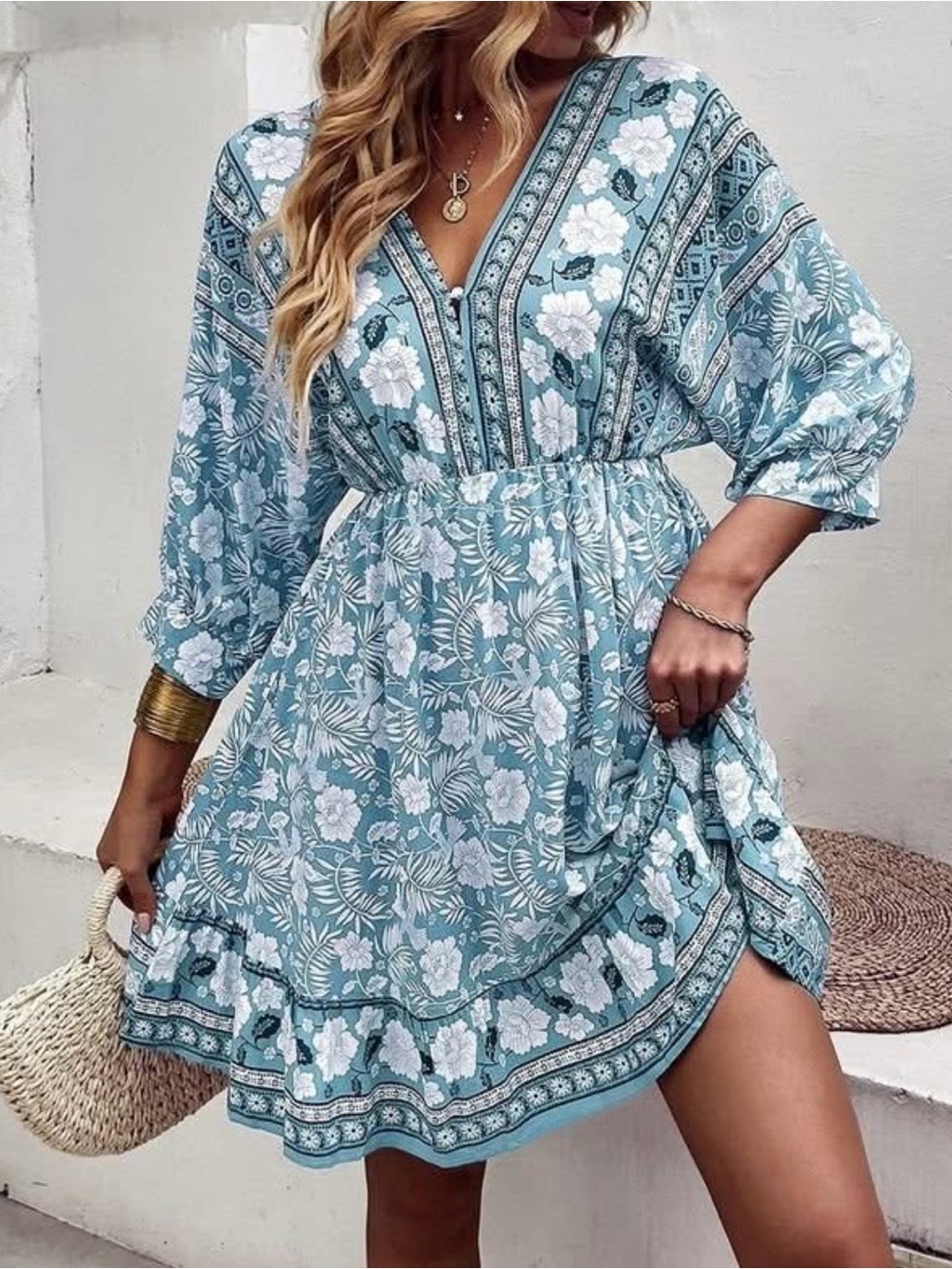 Women’s Blue Floral V-Neck Elastic-Waist Mini Dress